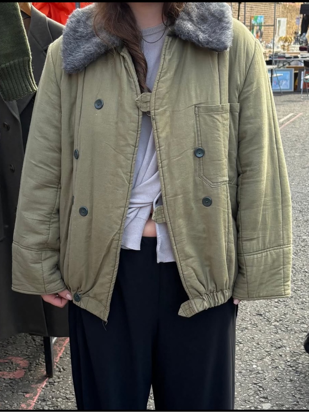 Vintage Olive Green Quilted Military Jacket with Faux Fur Collar